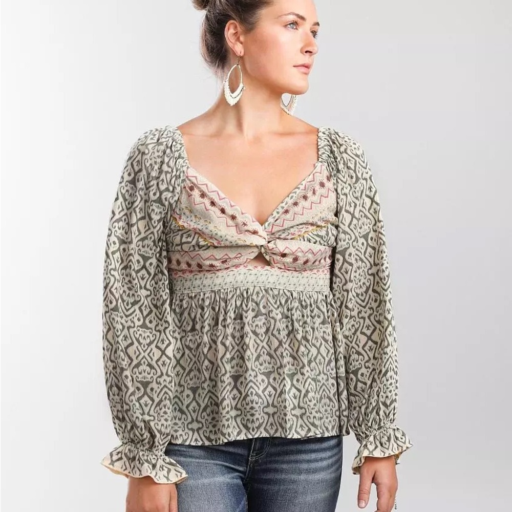 Boho Fairycore Babydoll Green & Cream Mixed Print Twist Knot Smocked Top